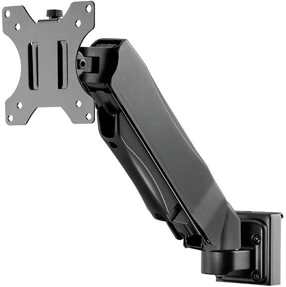Schwarze Monitorhalterung für den Schreibtisch, mit neigbarem Arm und VESA-Halterung zur Anpassung der Bildschirmposition.