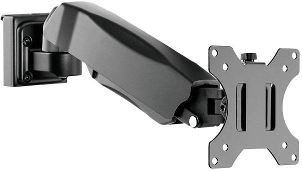 Ein schwarzer Monitorarm mit verstellbarem Gelenk für die Befestigung an einer Wand.