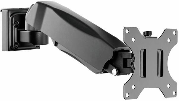 Ein schwarzer, verstellbarer Monitorarm zur Wandmontage, ermöglicht die flexible Positionierung eines Bildschirms.