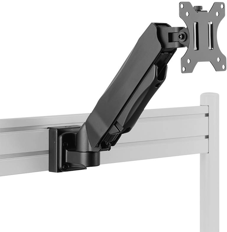 Ein schwarzer Monitorarm, montiert an einer silbernen Schiene, mit verstellbarem Gelenk für flexible Bildschirmpositionierung.