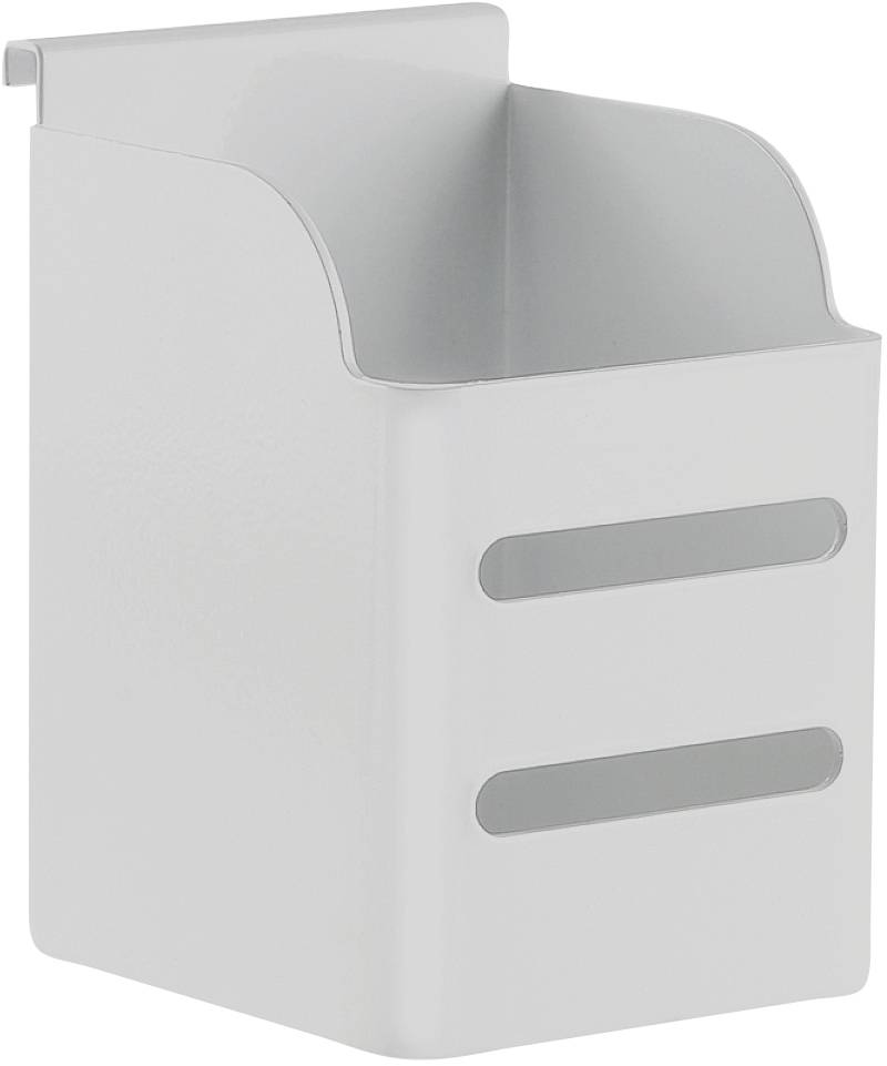 Weiße, rechteckige Hängeregalbox mit zwei horizontalen Schlitzen an der Vorderseite, zur Befestigung an Wänden oder Möbeln.