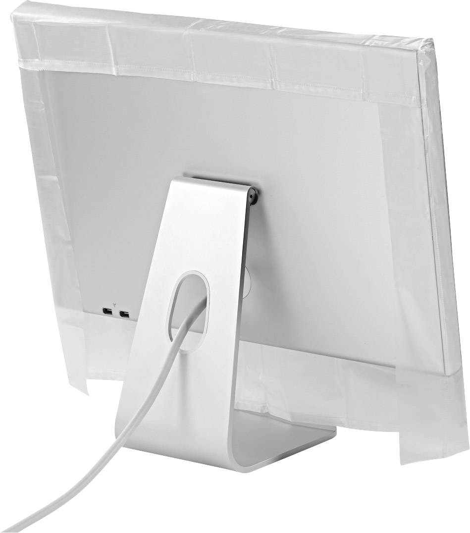 Ein Monitor, von hinten gesehen, mit weißem Schutzfolie auf dem Bildschirm. Das Kabel ist an der Rückseite angeschlossen.