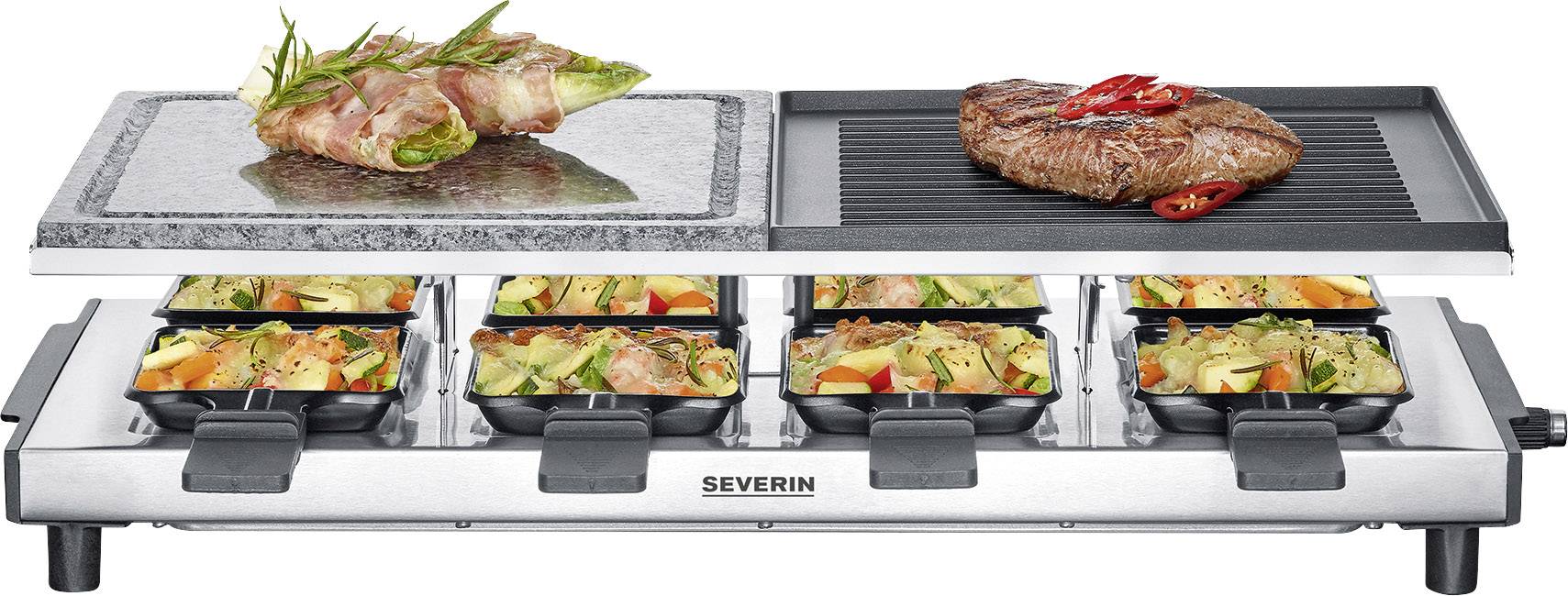 Severin 2373 Raclette 8 Pfännchen, Antihaftbeschichtung, Grillfunktion Edelstahl (gebürstet), Schwarz