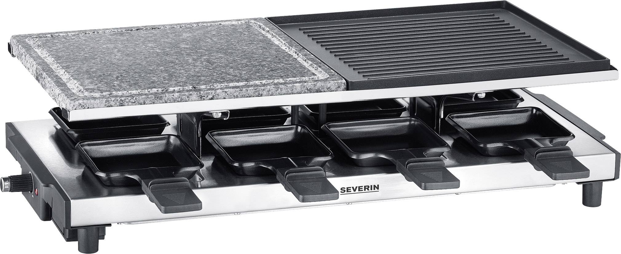 Severin 2373 Raclette 8 Pfännchen, Antihaftbeschichtung, Grillfunktion Edelstahl (gebürstet), Schwarz