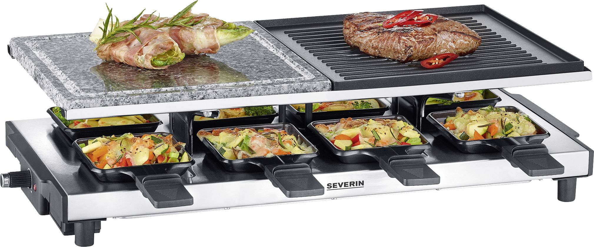 Severin 2373 Raclette 8 Pfännchen, Antihaftbeschichtung, Grillfunktion Edelstahl (gebürstet), Schwarz