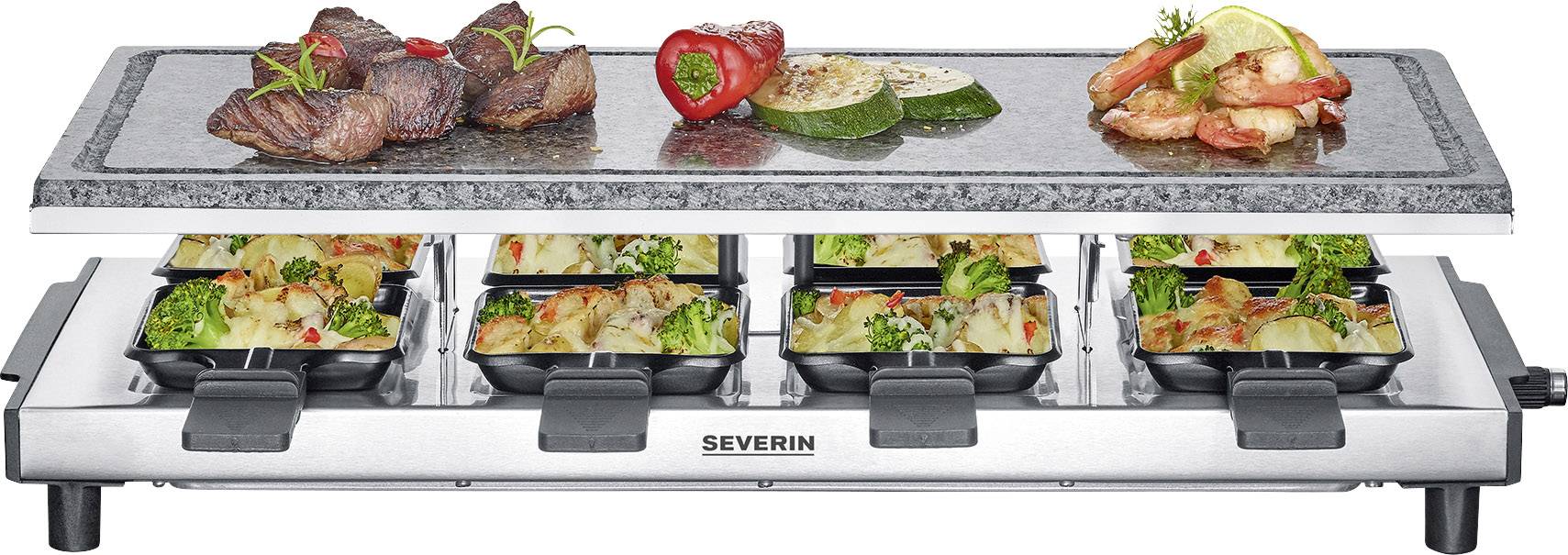 Severin 2374 Raclette 8 Pfännchen, Antihaftbeschichtung, Grillfunktion Edelstahl (gebürstet), Schwarz