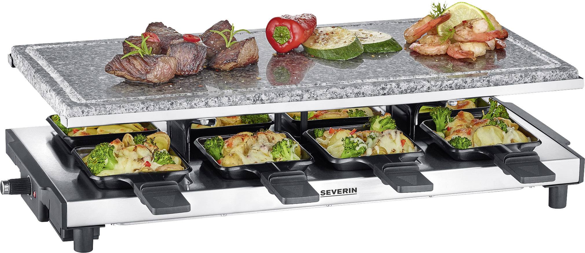 Severin 2374 Raclette 8 Pfännchen, Antihaftbeschichtung, Grillfunktion Edelstahl (gebürstet), Schwarz