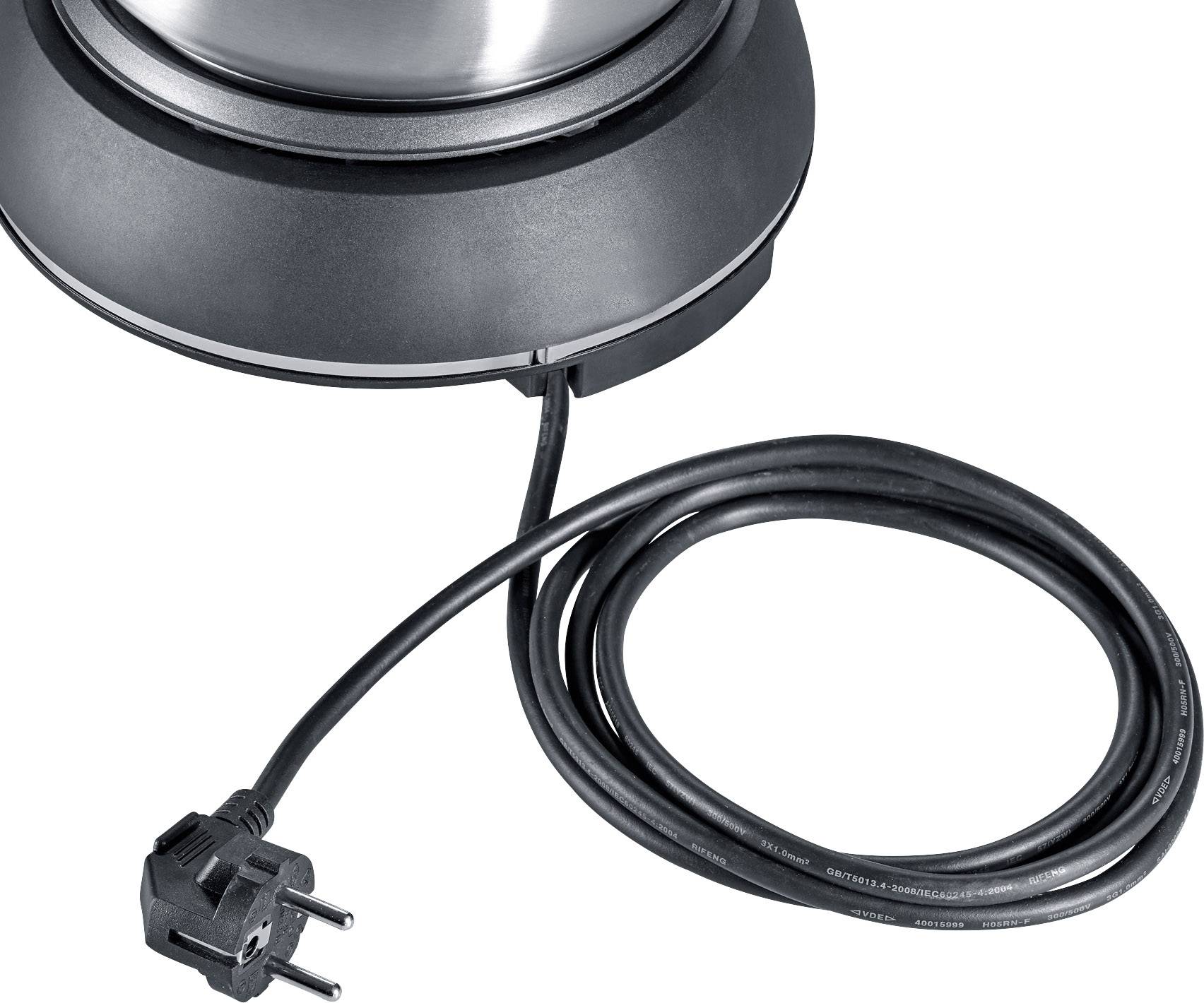 Ein schwarzes Kabel mit Stecker ist mit einer Basis verbunden, wahrscheinlich für ein elektrisches Küchengerät.