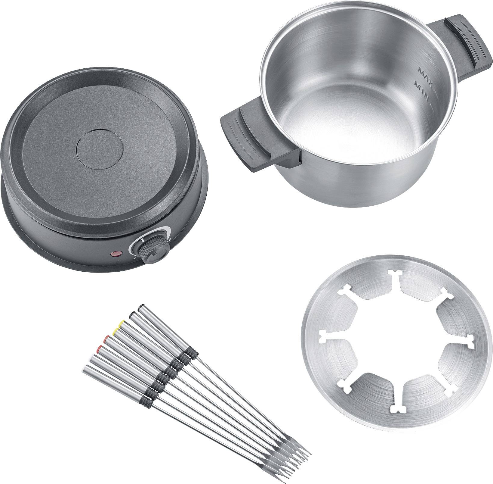 Fondue-Set bestehend aus einem Heizgerät, einem Edelstahl-Topf, sechs Fonduegabeln und einem Spritzschutz. Ideal zum Schmelzen von Käse oder Schokolade.