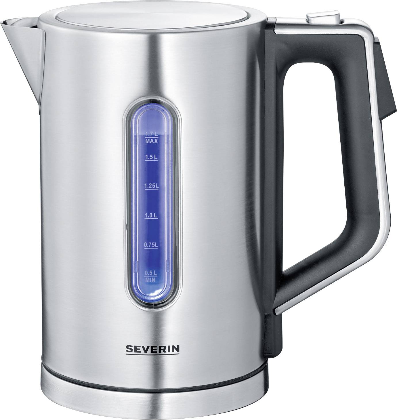 Ein silberner Elektro-Wasserkocher mit blauer Wasserstandsanzeige, die maximale Füllmenge beträgt 1,7 Liter.