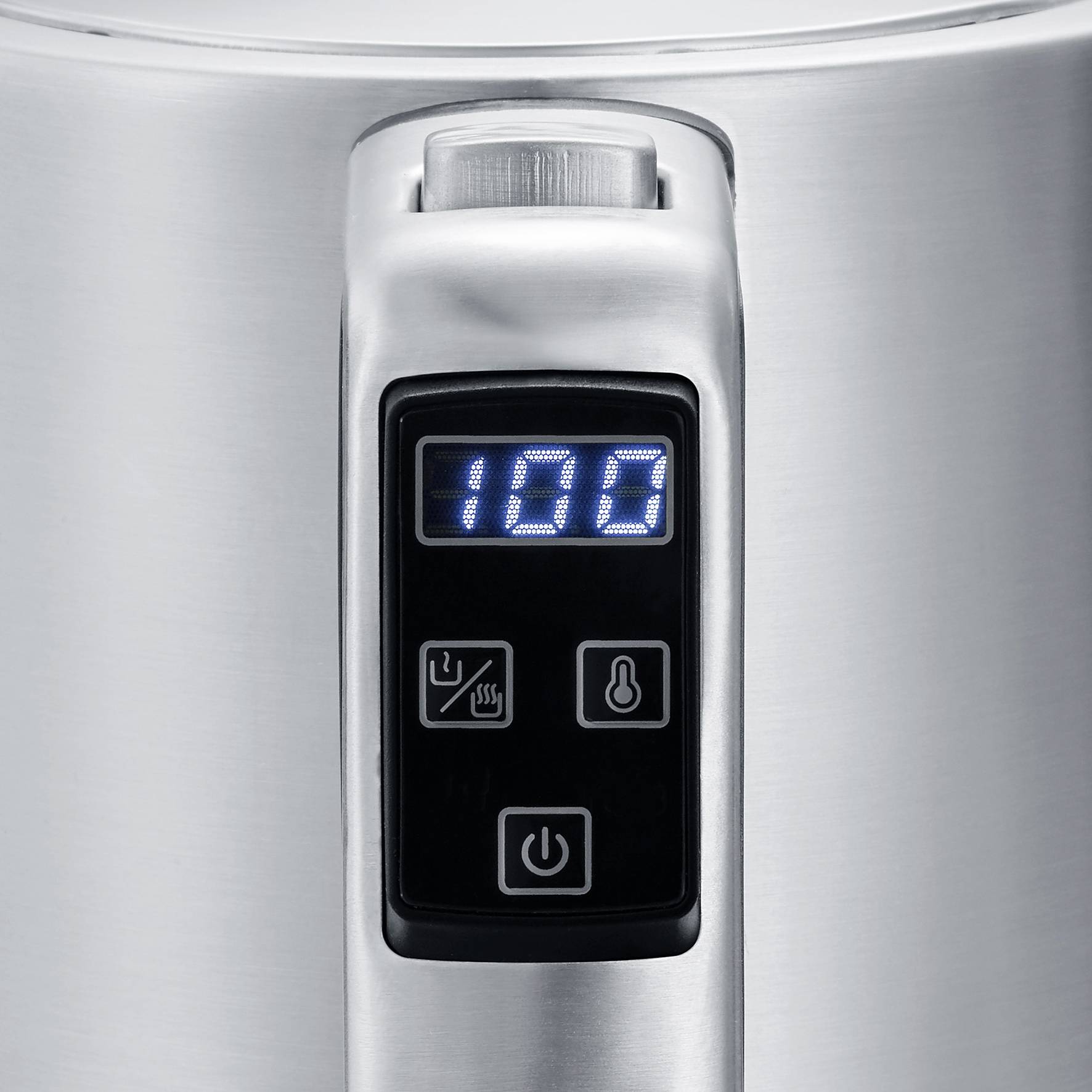 Elektrischer Wasserkocher, Edelstahl, mit Digitalanzeige zeigt '100' Grad Celsius; Bedienelemente darunter zum Einstellen der Temperatur.