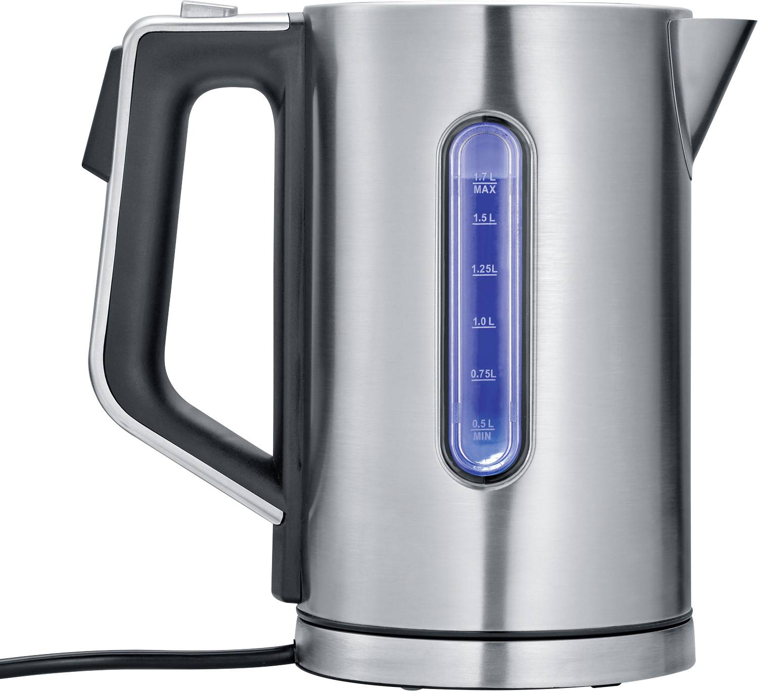 Elektrischer Wasserkocher aus Edelstahl mit blau beleuchtetem Wasserstandsanzeiger, schwarze Griffe, Fassungsvermögen 1,7 Liter.