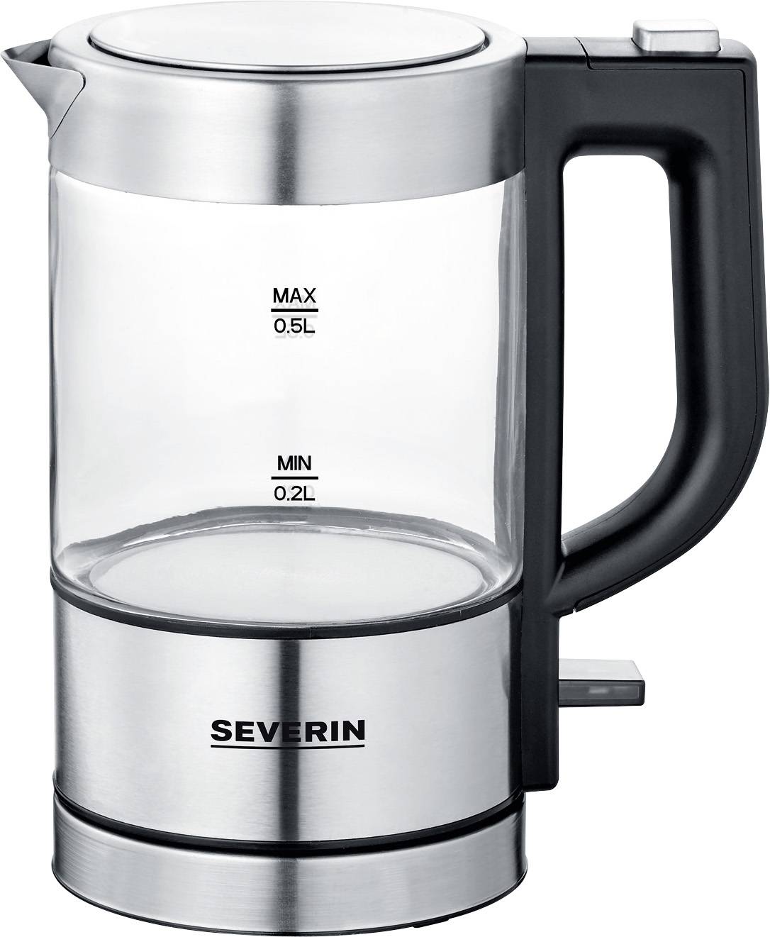 Ein gläserner Wasserkocher mit Edelstahlakzenten. Maximales Fassungsvermögen ist 0,5 Liter. Markenname 'SEVERIN' auf der Unterseite.