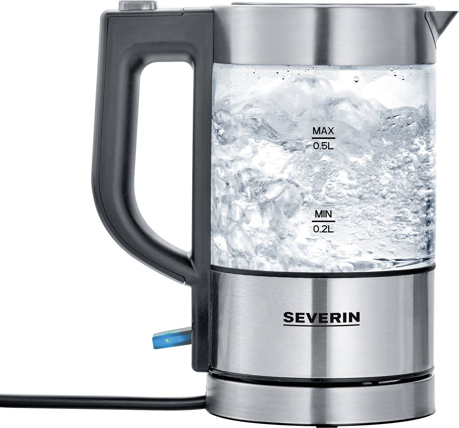 Ein elektrischer Wasserkocher aus Edelstahl mit Glasbehälter, Wasser kocht darin. Messskala zeigt 0,5L Maximal- und 0,2L Minimalfüllstand.