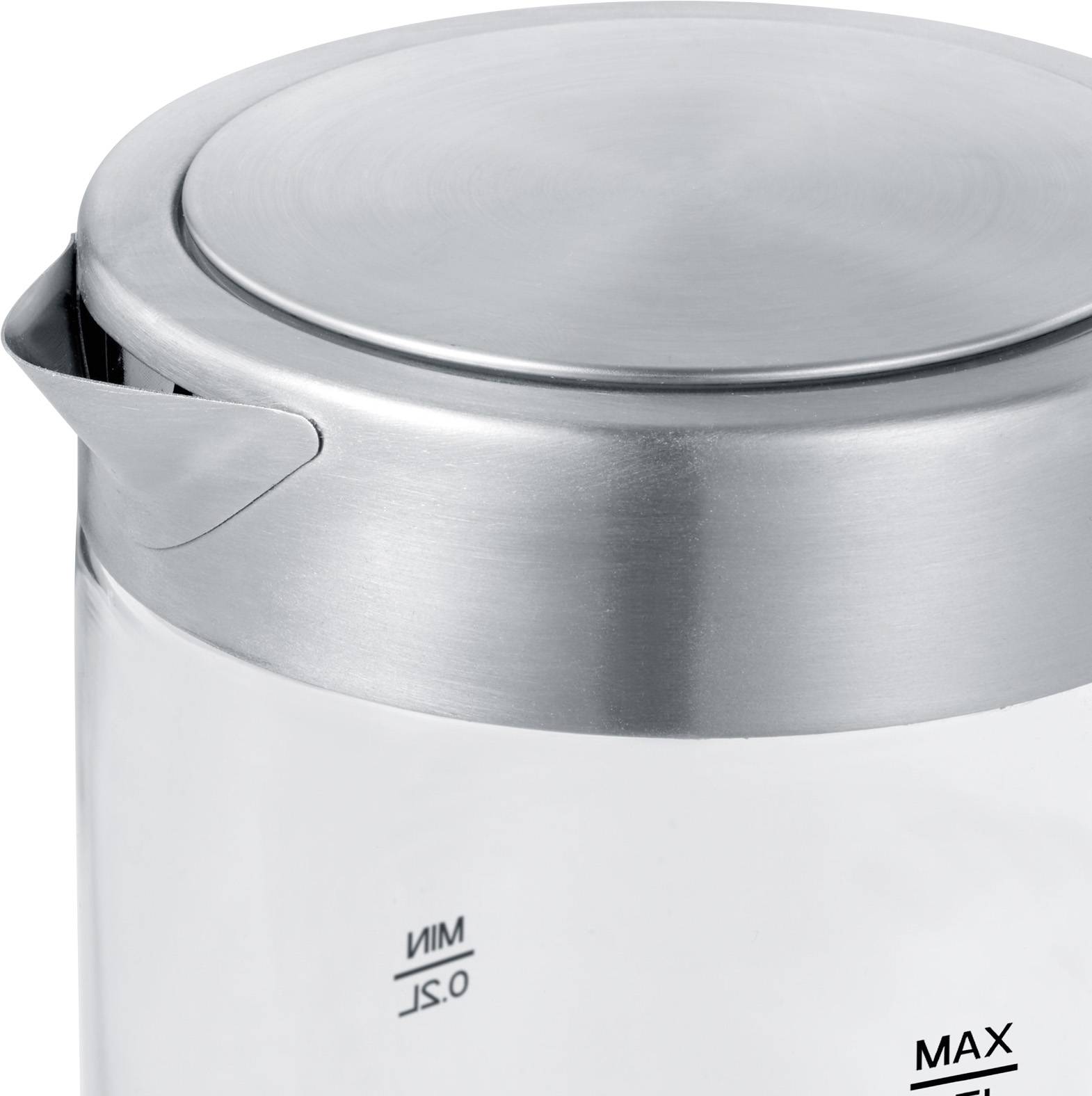 Ein Wasserkocher mit einem Edelstahl-Deckel und Markierungen für Mindest- und Höchstfüllstand.