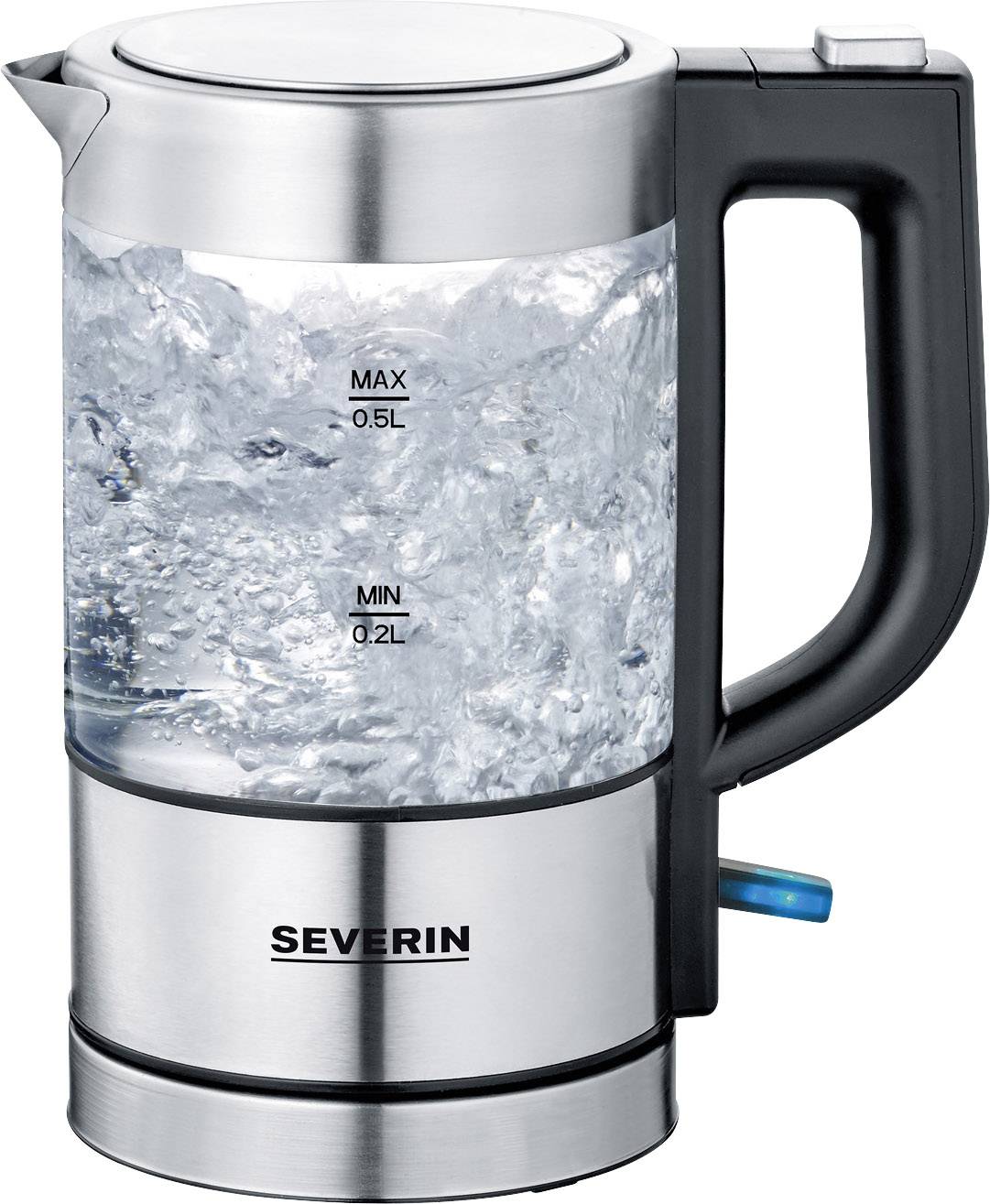 Silberner Wasserkocher mit Glaswand, zeigt kochendes Wasser. Markierungen für Maximal-0,5L und Minimal-0,2L sichtbar.