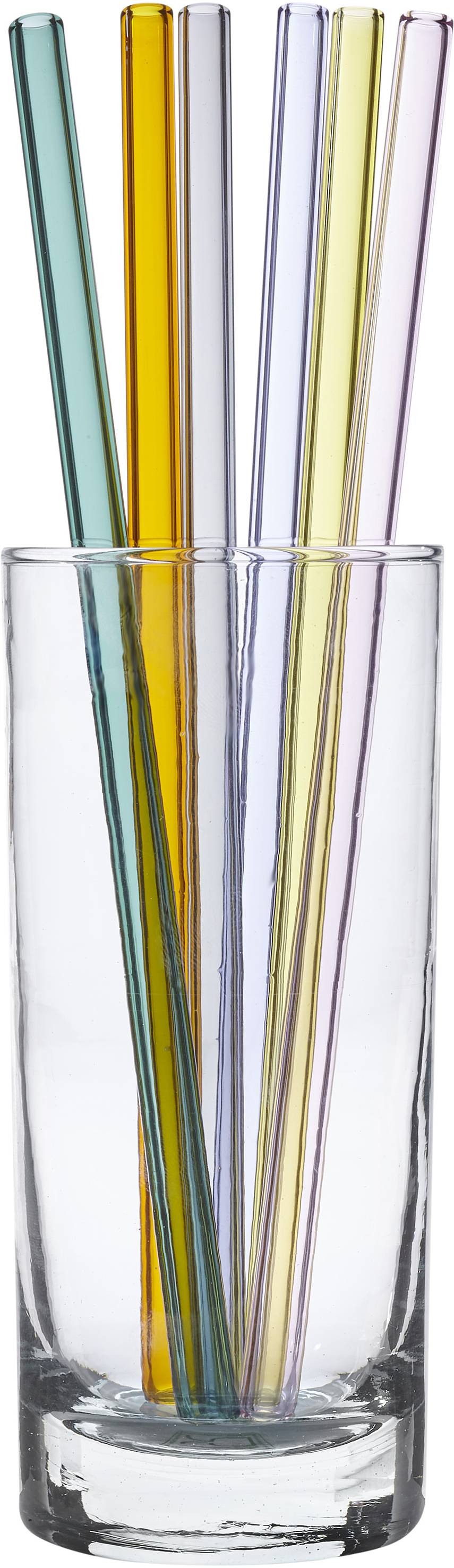 Ein Glas mit sechs bunten Trinkhalmen in verschiedenen Farben: grün, orange, klar, gelb, lila und blau.