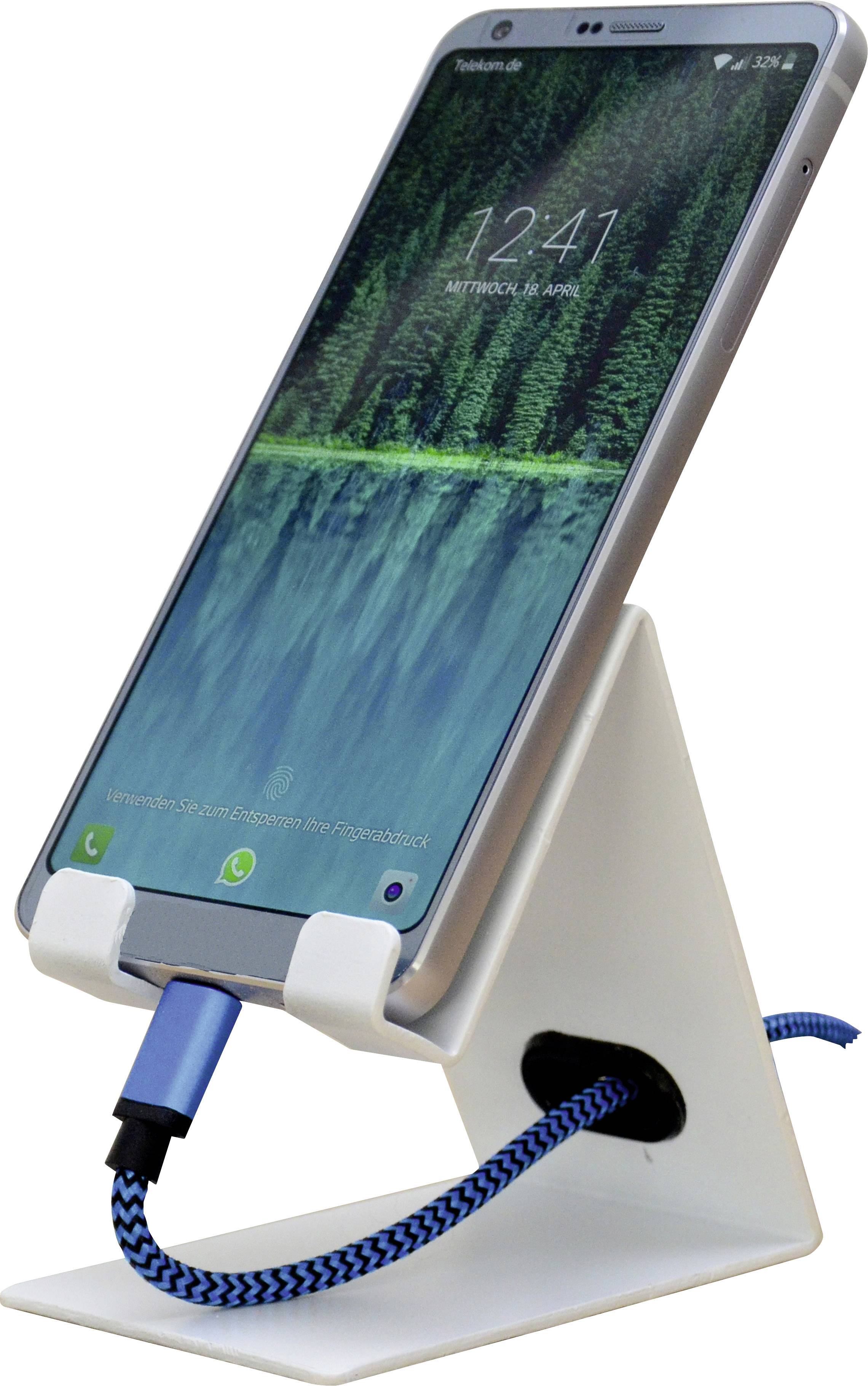 Smartphone auf einem weißen Ständer, zeigt die Uhrzeit 12:41 und das Datum. Ein blaues Ladekabel ist verbunden.