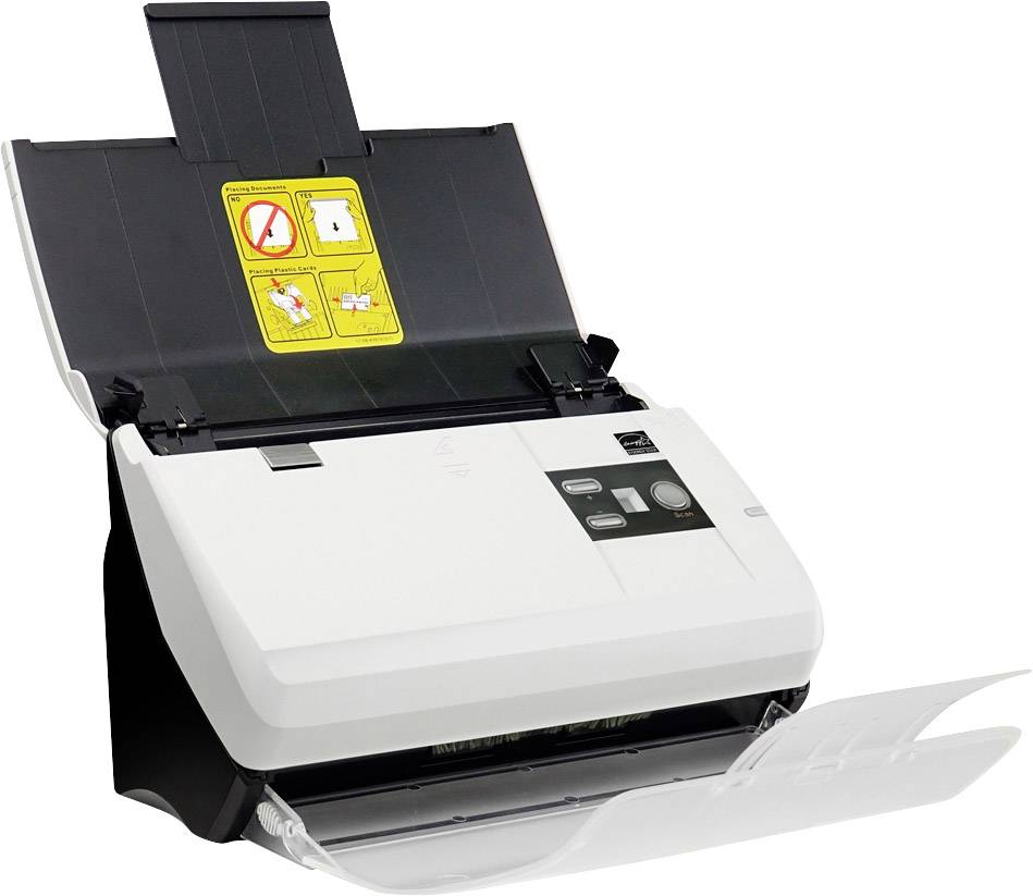 Ein Dokumentenscanner mit geöffnetem Einzug, bereit zum Scannen. Aufkleber zeigen Vorsichtshinweise für die richtige Bedienung des Geräts.