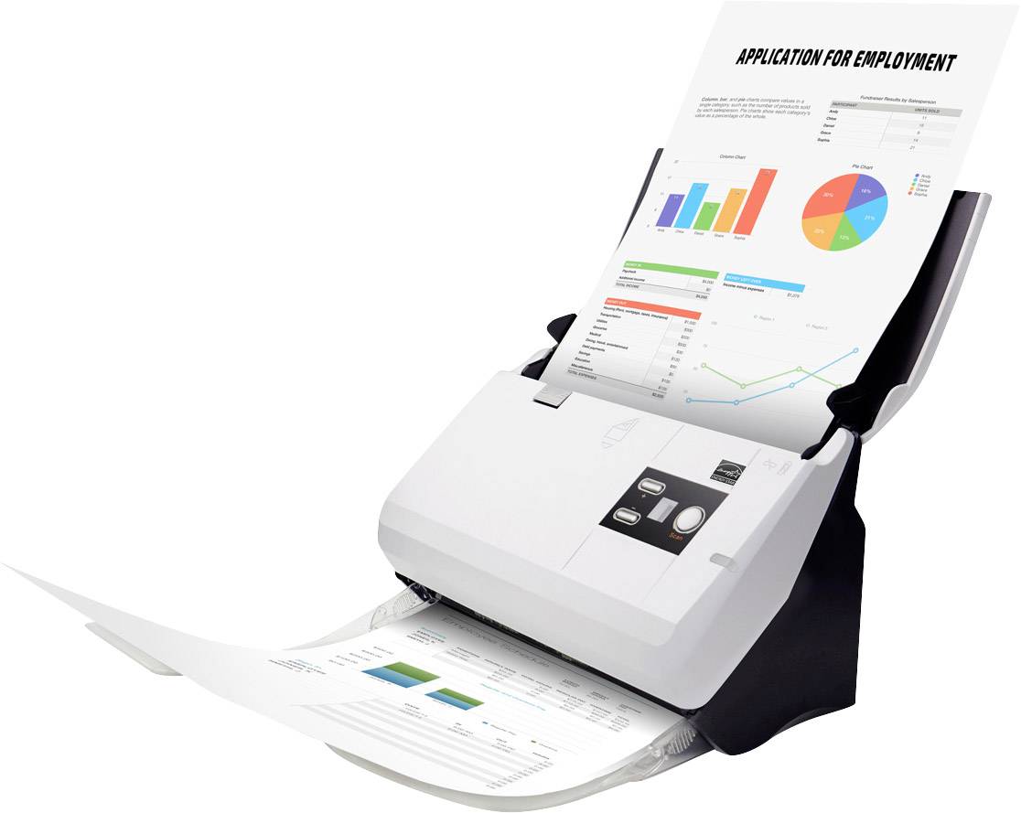 Ein Scanner scannt ein Dokument mit farbigen Diagrammen und einem Text mit der Überschrift 'Application for Employment'.