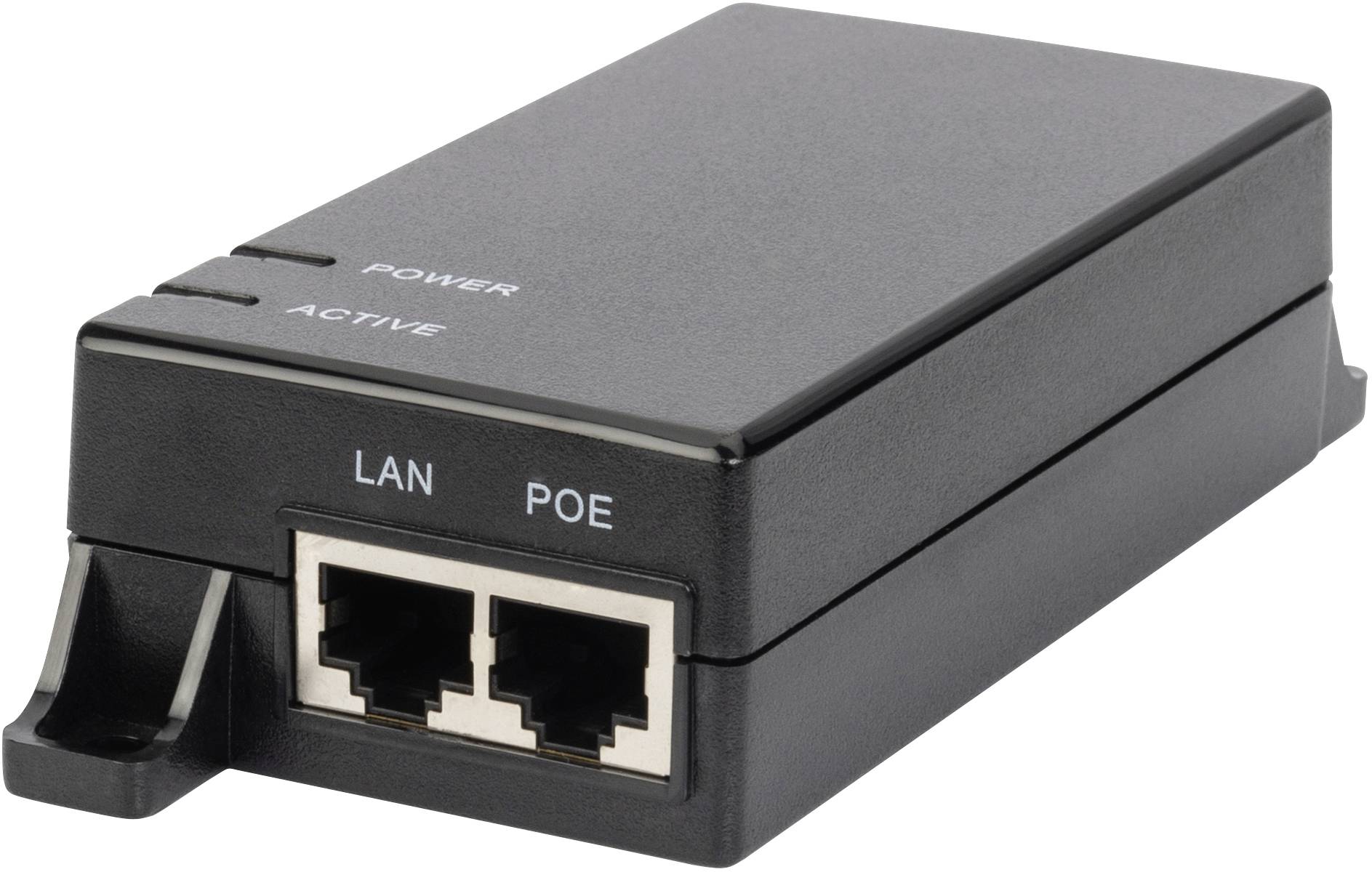 Ein schwarzer Netzwerkadapter mit zwei Beschriftungen: 'LAN' und 'POE'. Vorderseite zeigt zwei Ports. Oberseite zeigt 'POWER' und 'ACTIVE'.