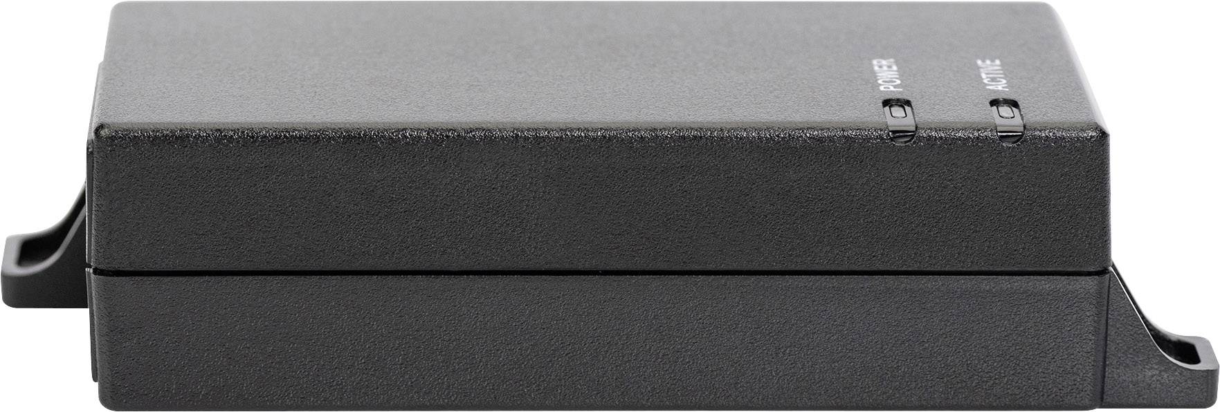 Ein rechteckiges, schwarzes elektronisches Gerät mit zwei Tasten auf der Oberseite, beschriftet mit 'POWER' und 'ACTIVE', zeigt die Seitenansicht.