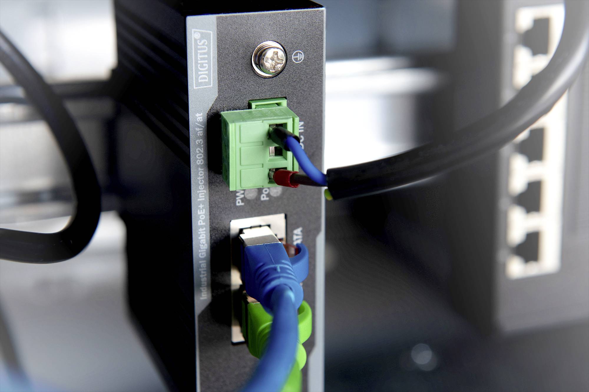 Ein Netzwerkgerät mit mehreren Kabeln angeschlossen an Ethernet-Ports, Fokus auf die grünen und blauen Kabelverbindungen.