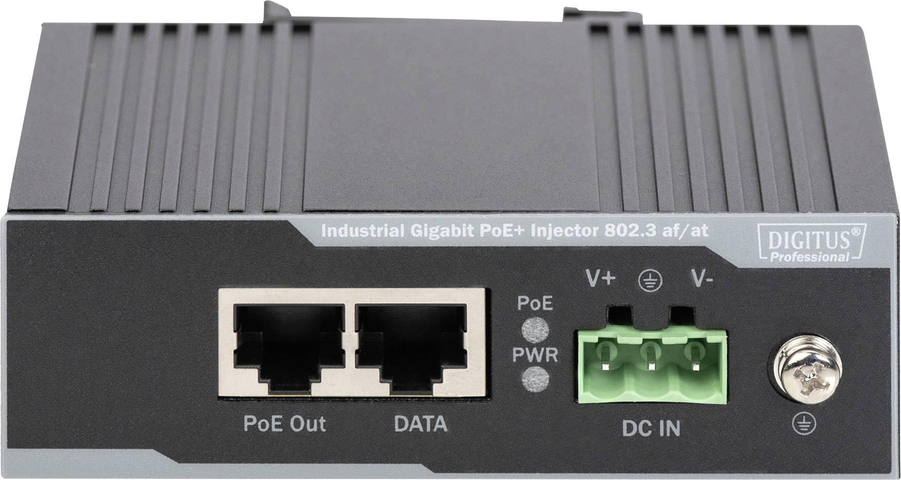 Industrieller Gigabit PoE+ Injector mit zwei RJ45-Anschlüssen und einem DC-Eingang. Unterstützt IEEE 802.3 af/at Standard.