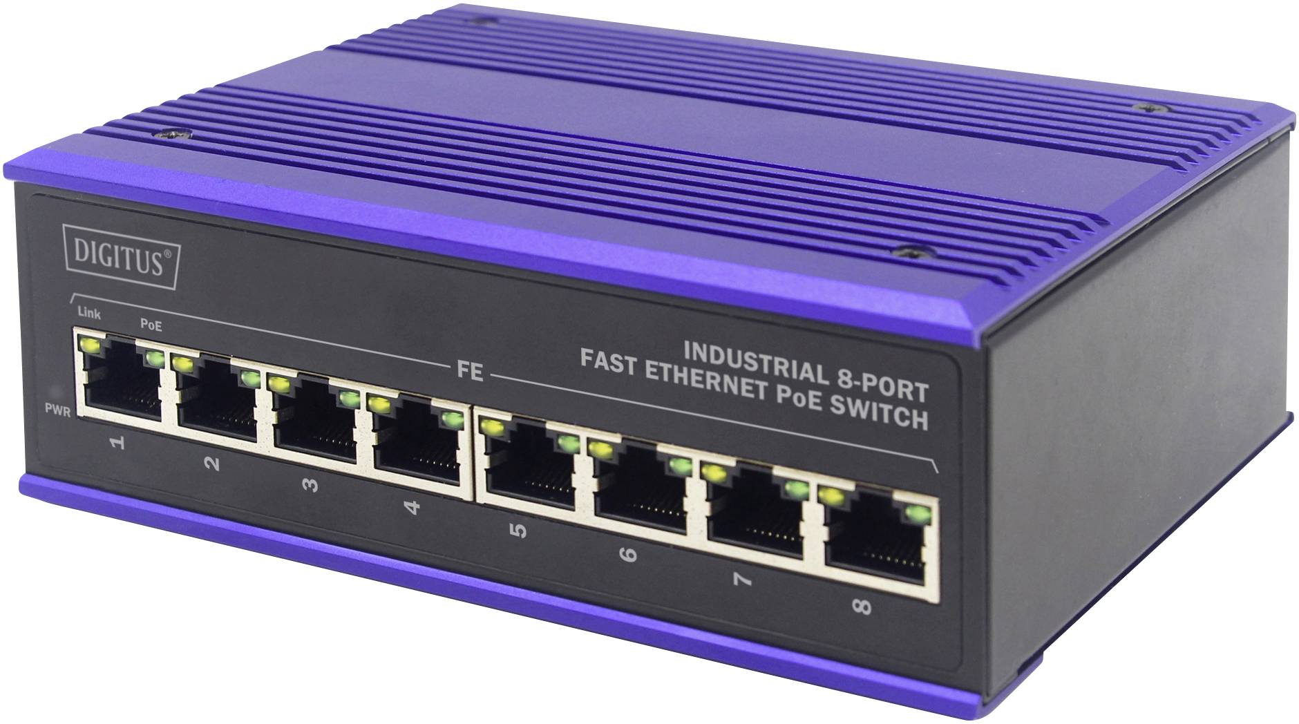Ein industrieller 8-Port Fast Ethernet PoE-Switch mit blauer Oberseite und schwarzen Anschlüssen für Netzwerkverbindungen.