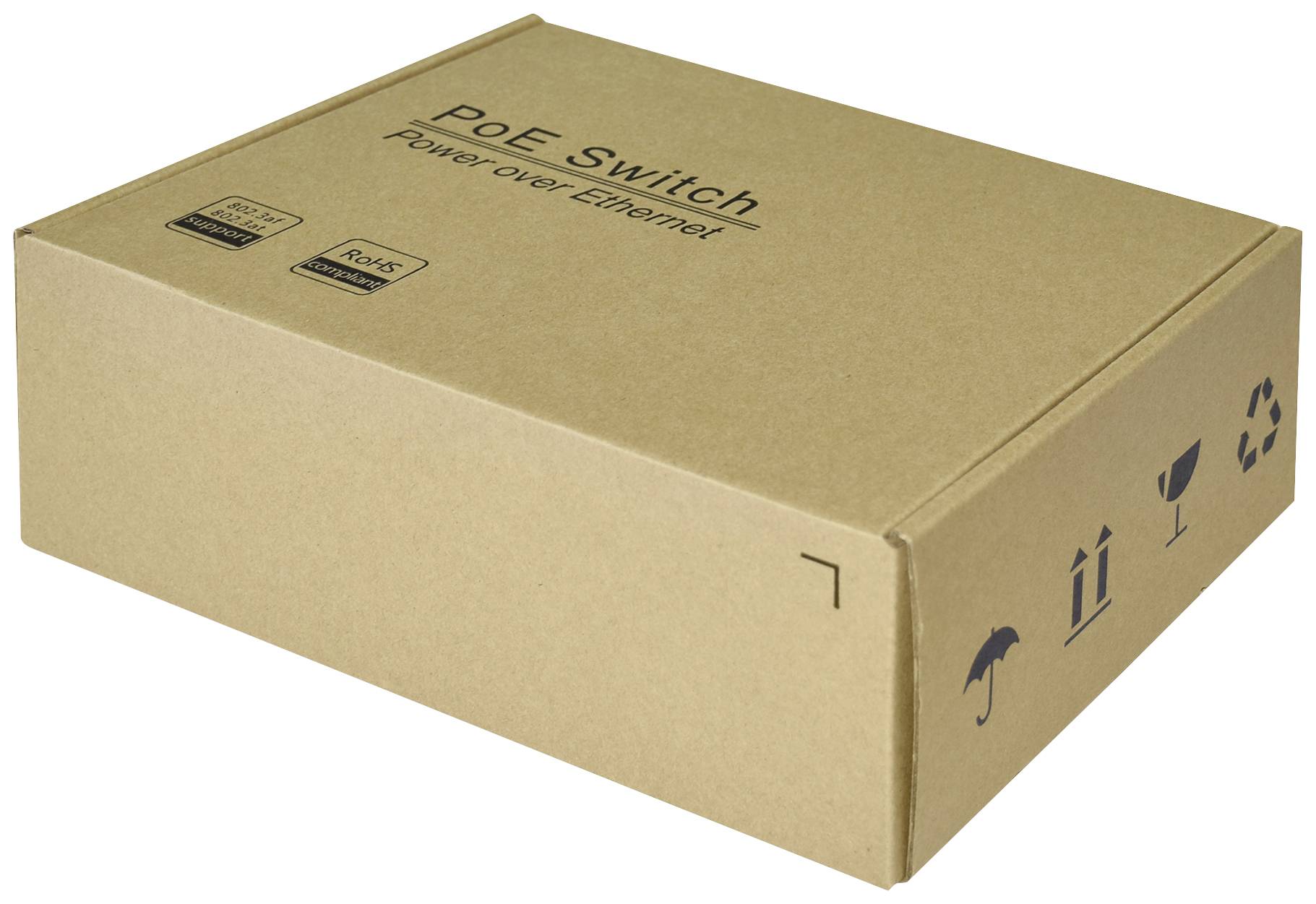 Schachtel aus Karton mit der Aufschrift 'PoE Switch Power over Ethernet'. Symbole für Vorsicht, Glas, Recycling und Tropfwasser.