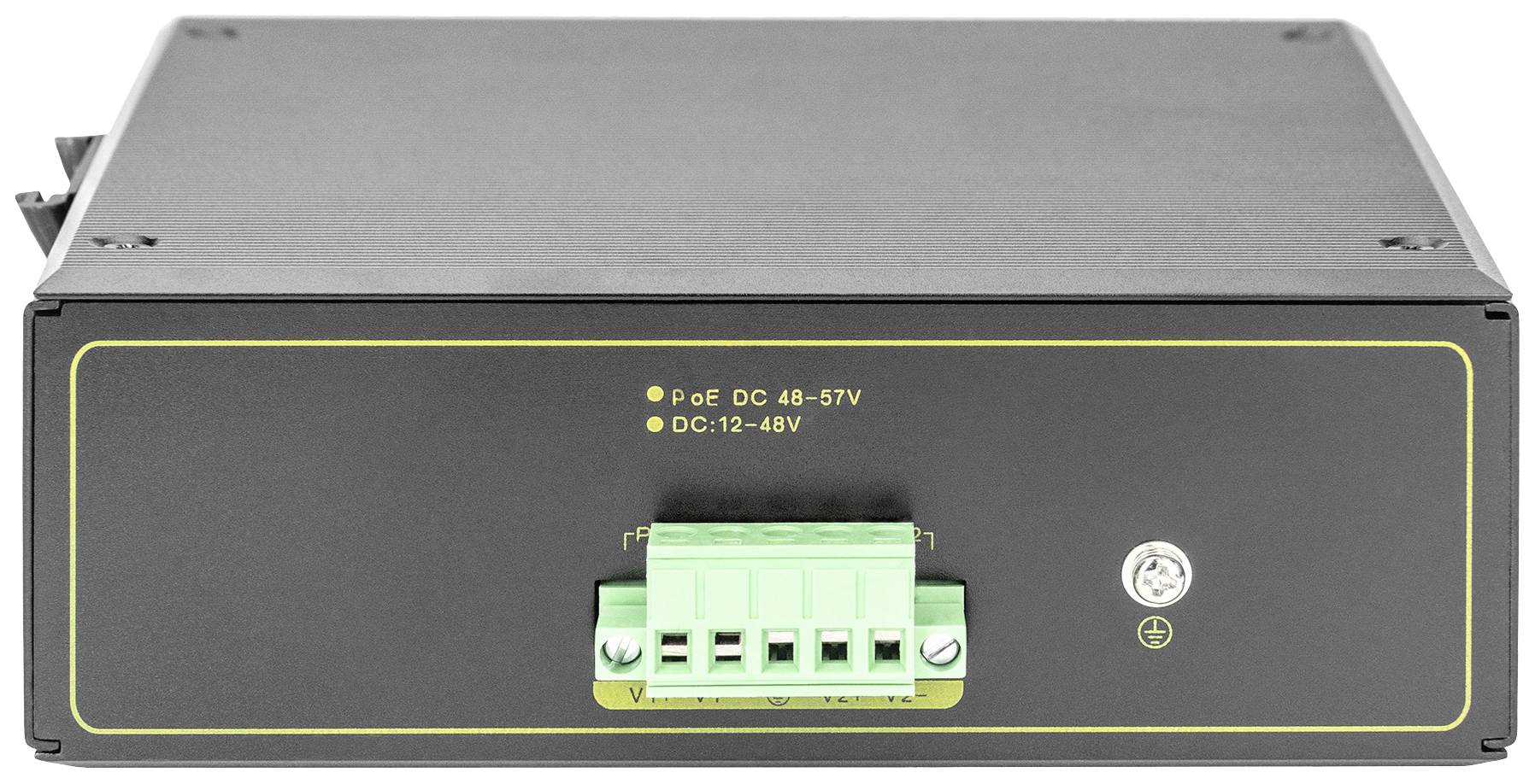 Ein schwarzes, rechteckiges elektrisches Gerät mit grüner Anschlussklemme und gelber Beschriftung für Stromversorgungseingaben.