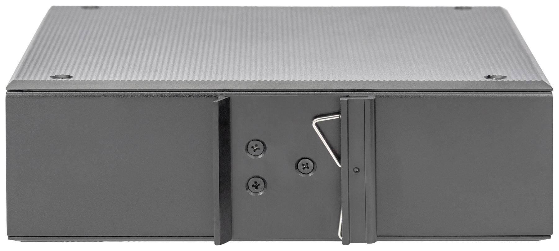 Ein rechteckiges, schwarzes elektronisches Gerät mit texturierter Oberfläche und Schrauben auf der Vorderseite.