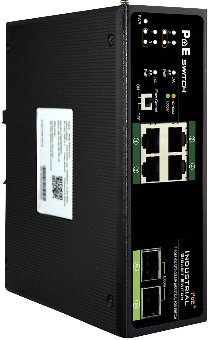 Industrieller PoE-Switch mit vier Ethernet-Ports und zwei Glasfasersteckplätzen. LEDs zeigen den Netzwerkstatus und die Stromversorgung an.