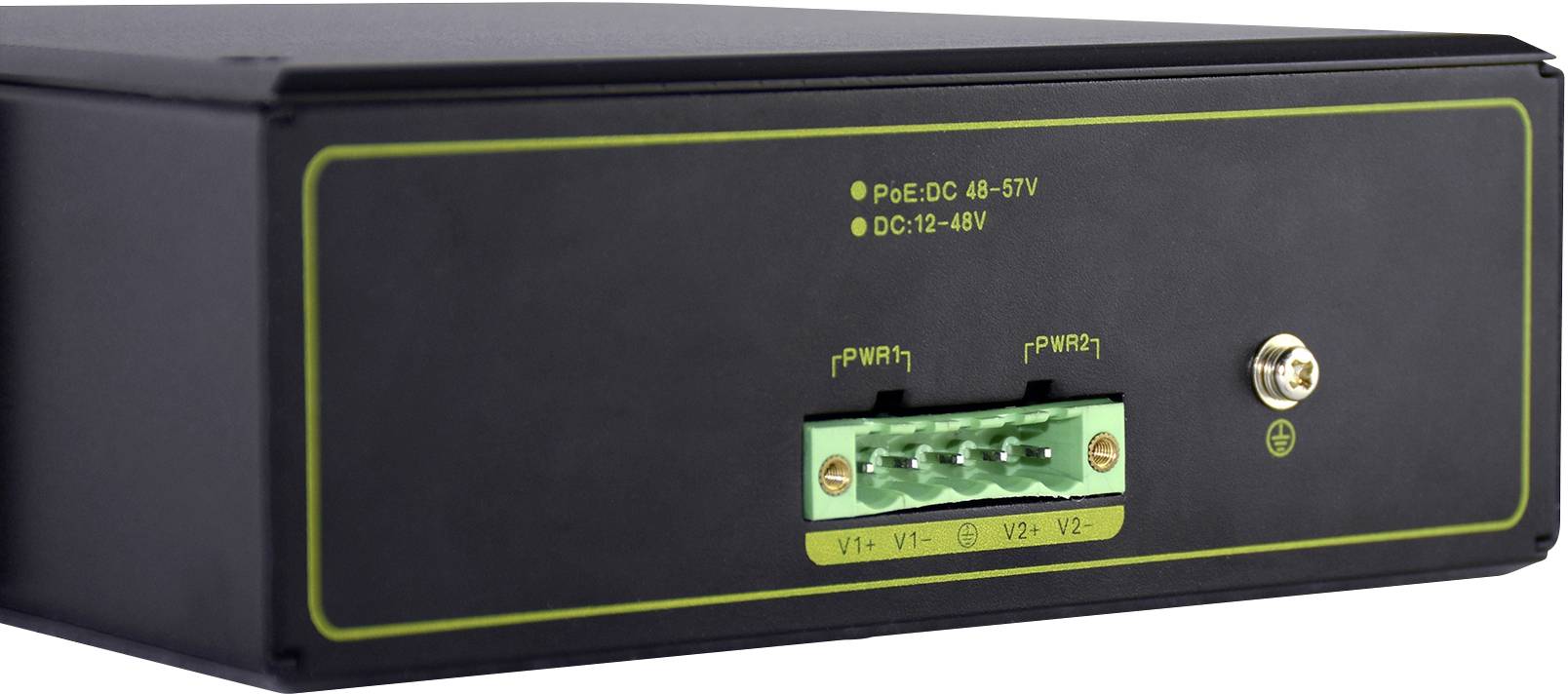 'Schwarzes elektronisches Gerät mit grüner Anschlussleiste, gekennzeichnet mit 