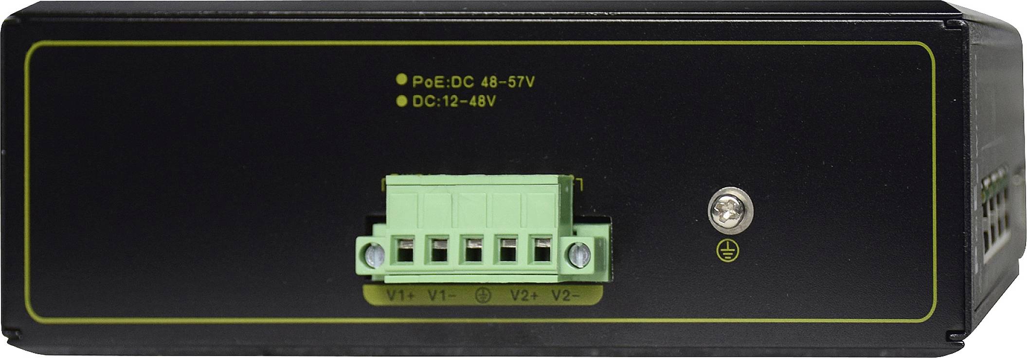 Schwarzes Netzwerkgerät mit grünen Anschlüssen und einem Schalter. Beschriftet mit 'PoE: DC 48-57V' und 'DC: 12-48V'.