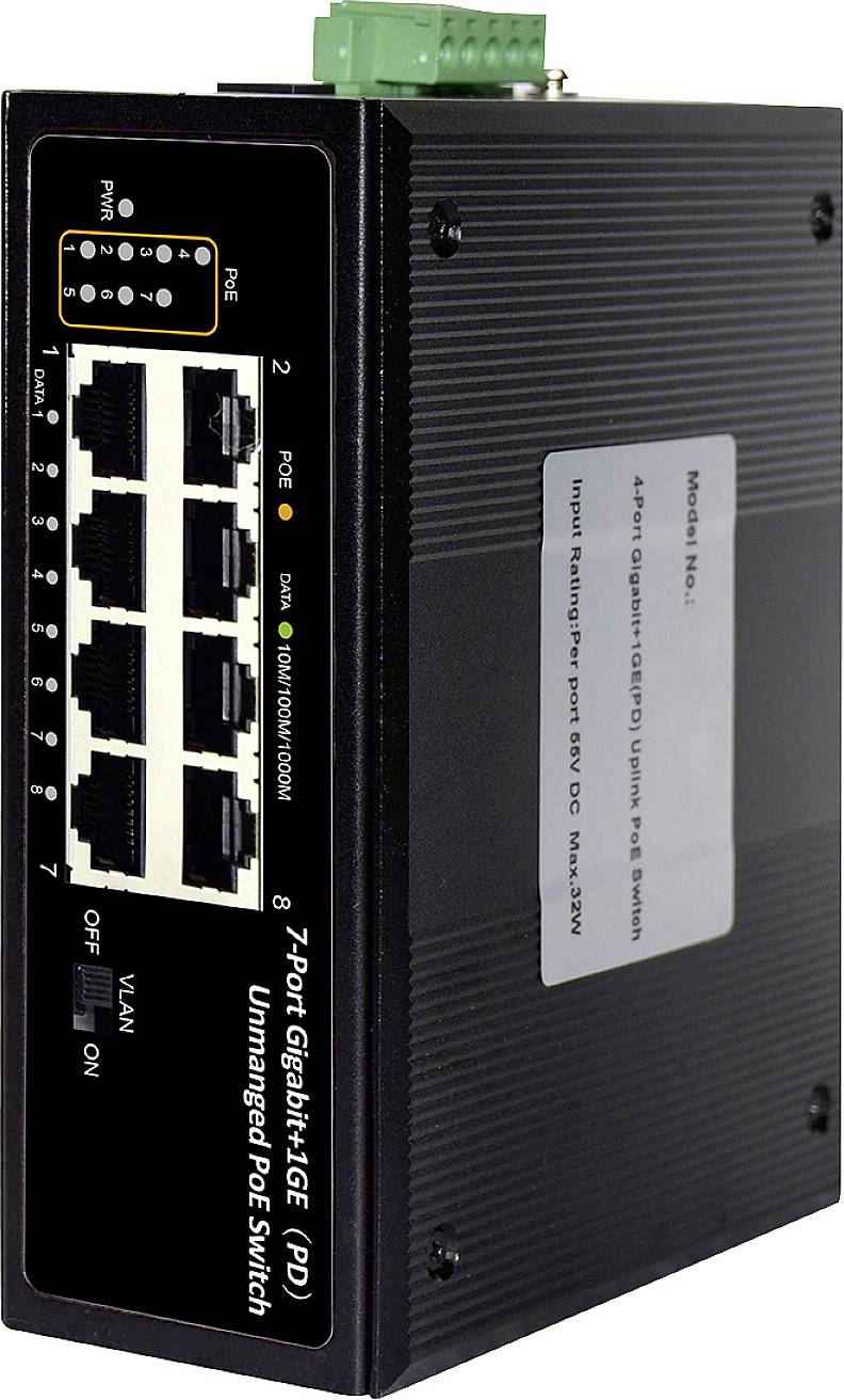 7-Port-Gigabit-PoE-Switch mit LED-Anzeigen und Netzteilanschluss oben. Schwarzes, kompaktes Design für industrielle Anwendungen.