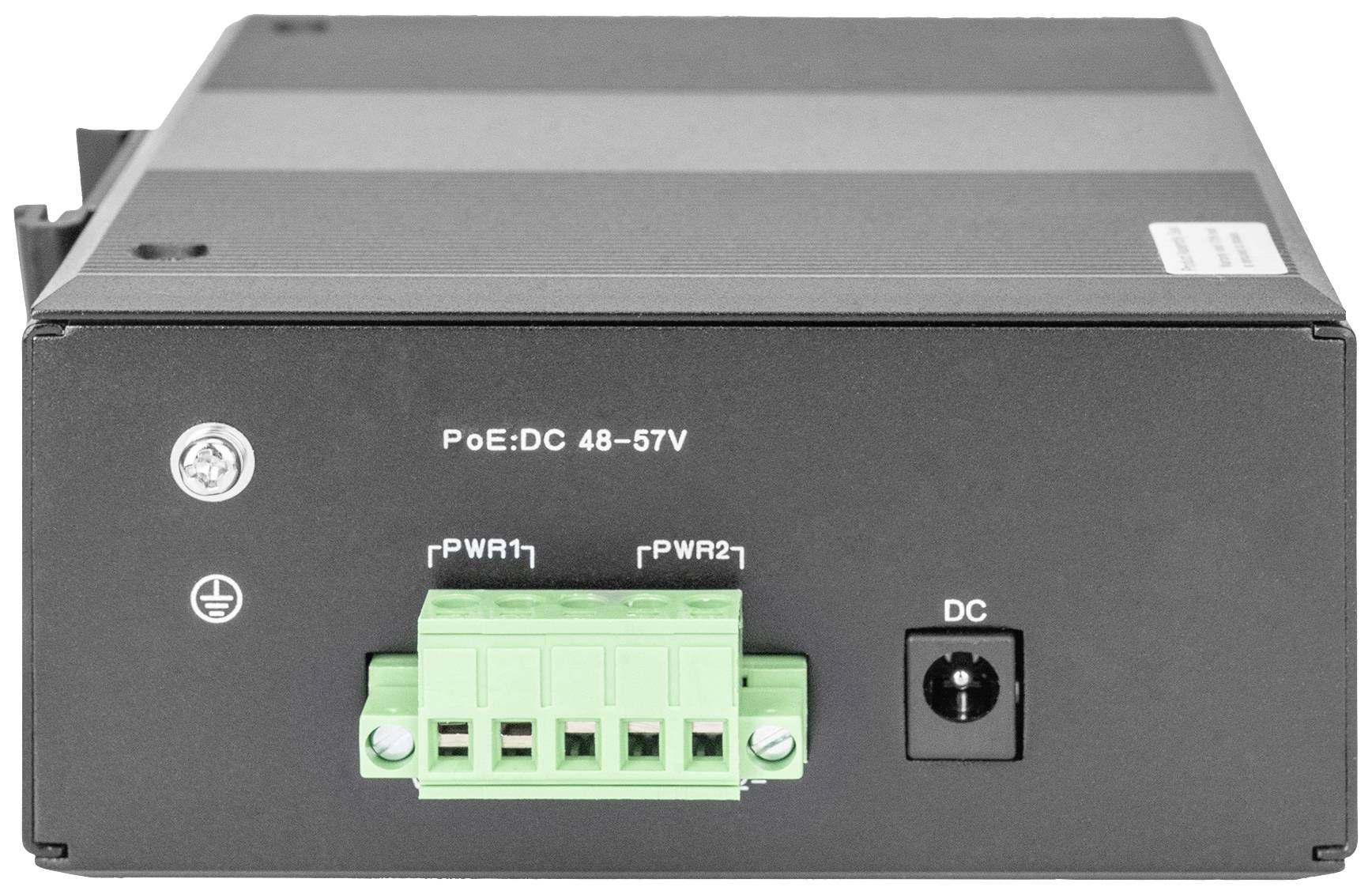 Ein schwarzes Gerät mit PoE-Anschluss (48-57V) und zwei grünen Klemmen für Stromversorgung, geeignet für industrielle Netzwerkanwendungen.