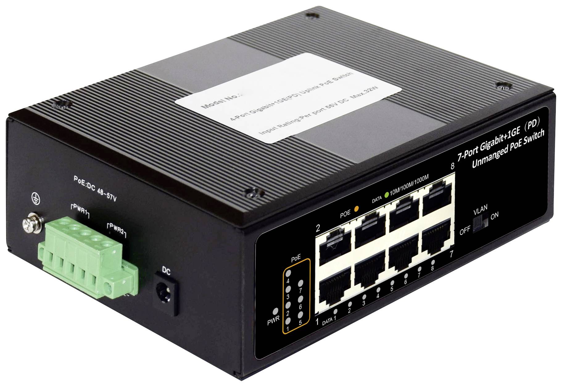 Ein schwarzer 7-Port Unmanaged PoE Switch mit Ethernet-Anschlüssen und grünen Anschlussklemmen.
