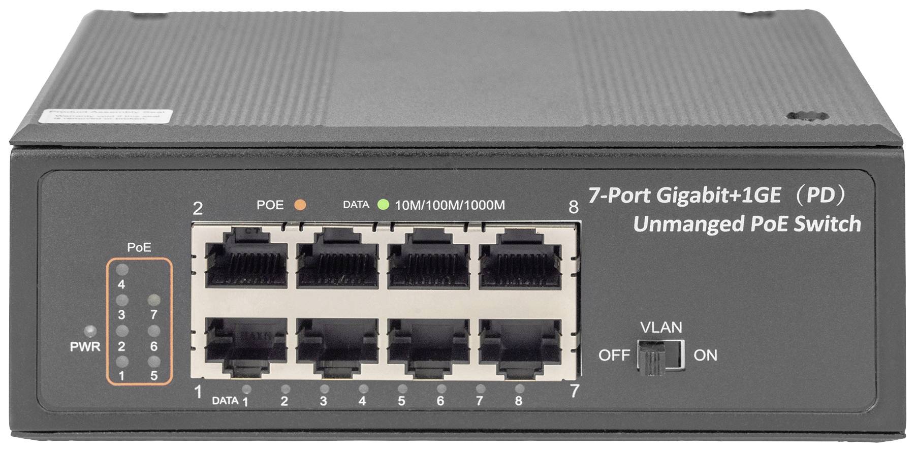 Ein schwarzer 7-Port Gigabit PoE-Switch mit Ethernet-Anschlüssen, Power-LED und VLAN-Schalter auf der Vorderseite.