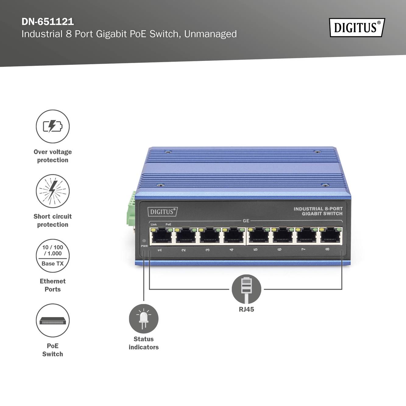 Digitus DN-651121 Industrial Ethernet Switch 10 / 100 / 1000 MBit/s IEEE 802.3af (12.95 W), IEEE 802.3at (25.5 W)