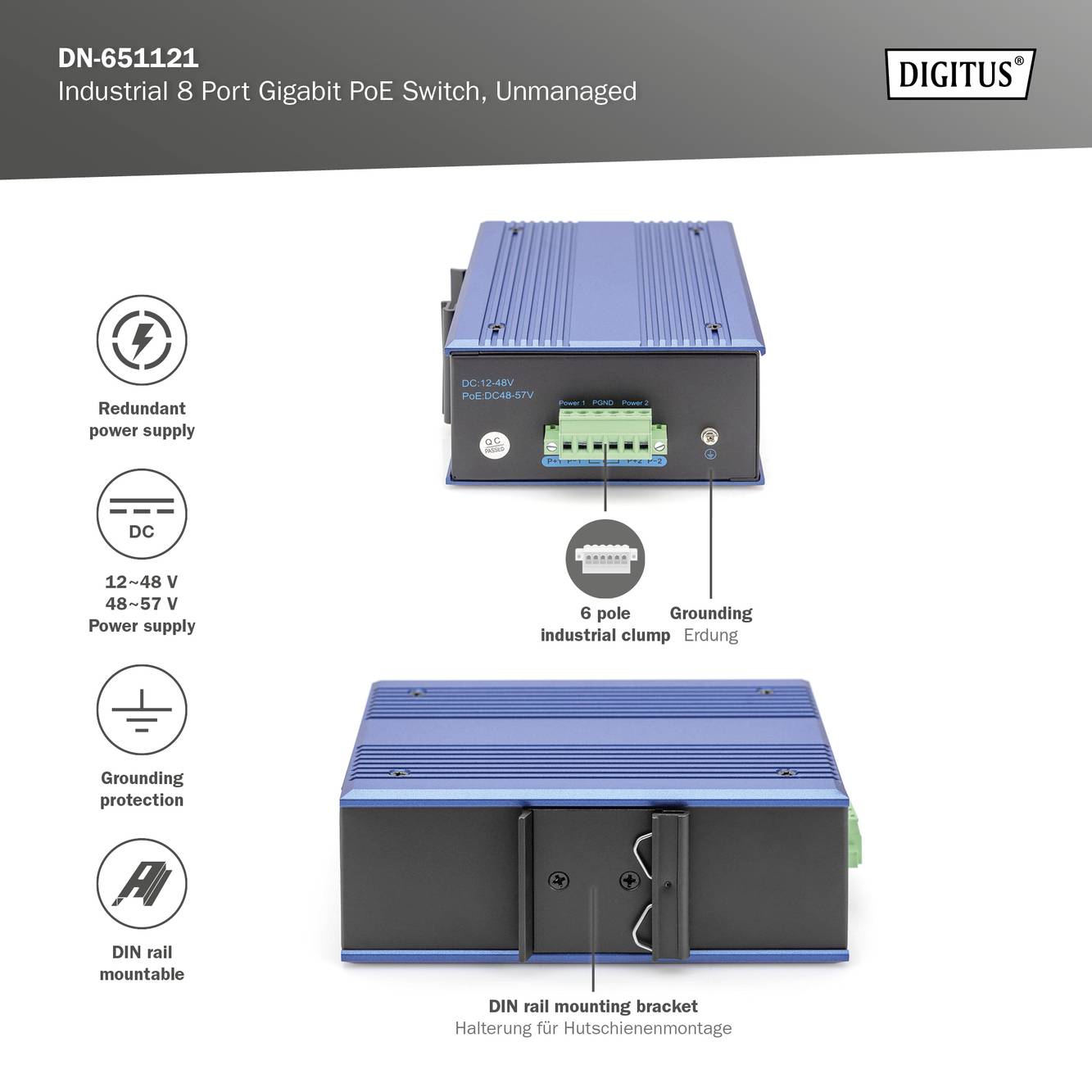Digitus DN-651121 Industrial Ethernet Switch 10 / 100 / 1000 MBit/s IEEE 802.3af (12.95 W), IEEE 802.3at (25.5 W)