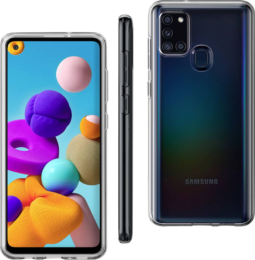 Smartphone mit bunter Bildschirmanzeige von Kugeln, Ansicht von vorne, Seite und hinten. Vier Kameras und Fingerabdrucksensor auf der Rückseite.