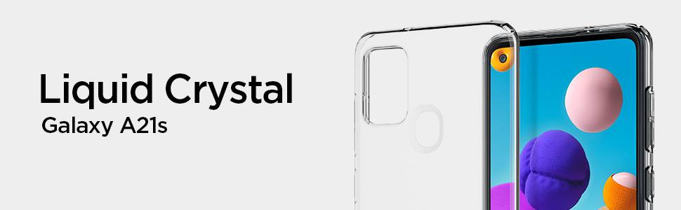 Samsung Galaxy A21s mit einer durchsichtigen Hülle, abgebildet vor einem grauen Hintergrund. Links steht 'Liquid Crystal' Galaxy A21s.
