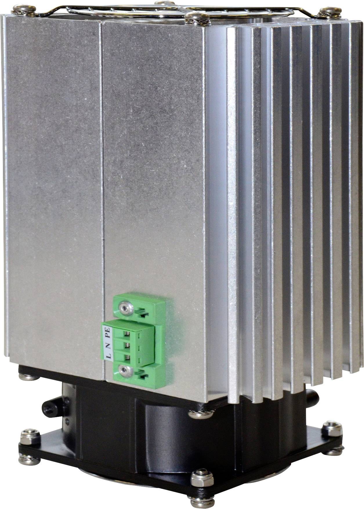 Silberner elektronischer Kühlkörper mit grünen Anschlussklemmen und schwarzer Basis, verwendet zur Wärmeableitung in elektronischen Geräten.