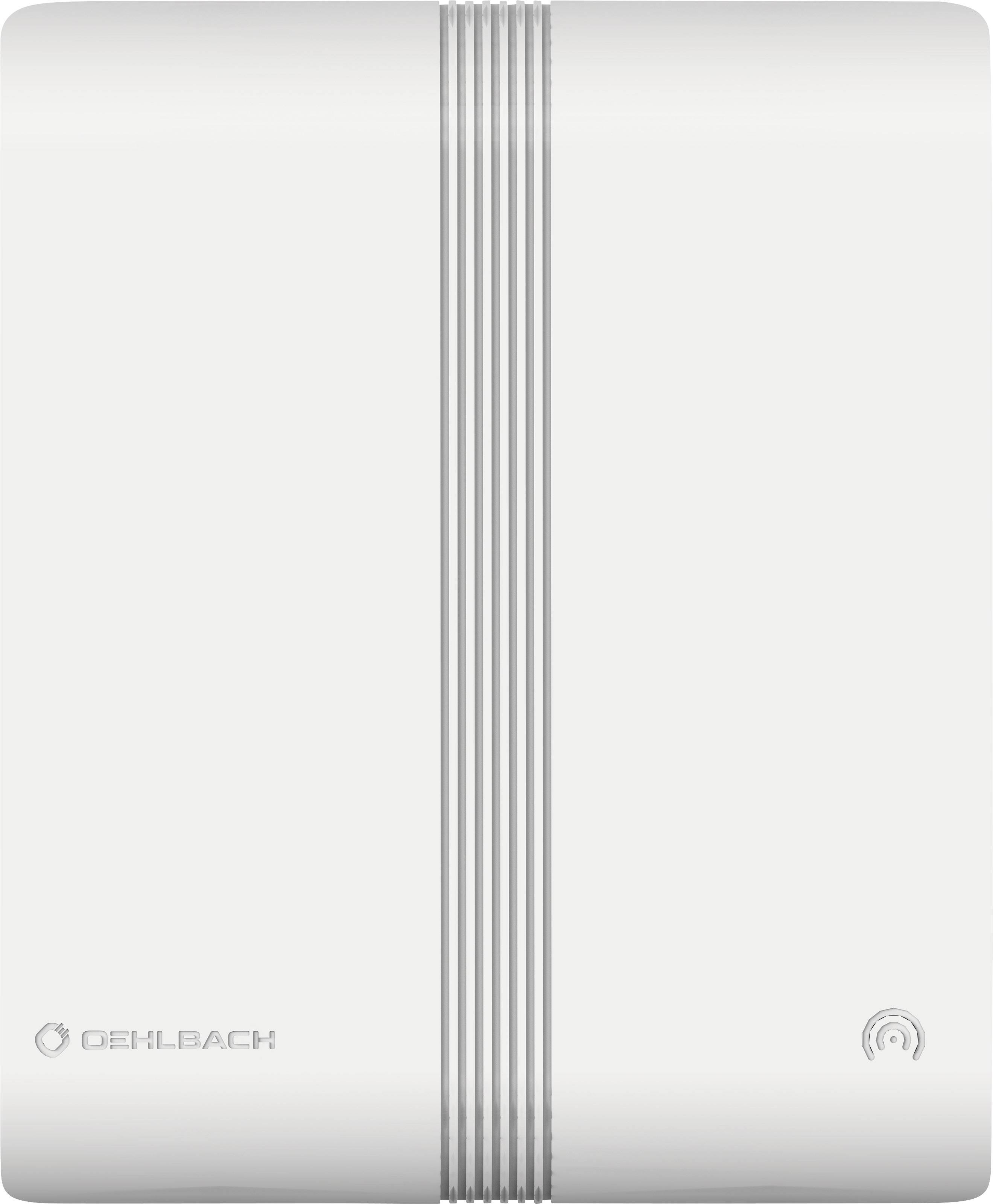 Ein weißer WLAN-Router mit vertikalen Lüftungsschlitzen in der Mitte und dem Oehlbach-Logo unten links.