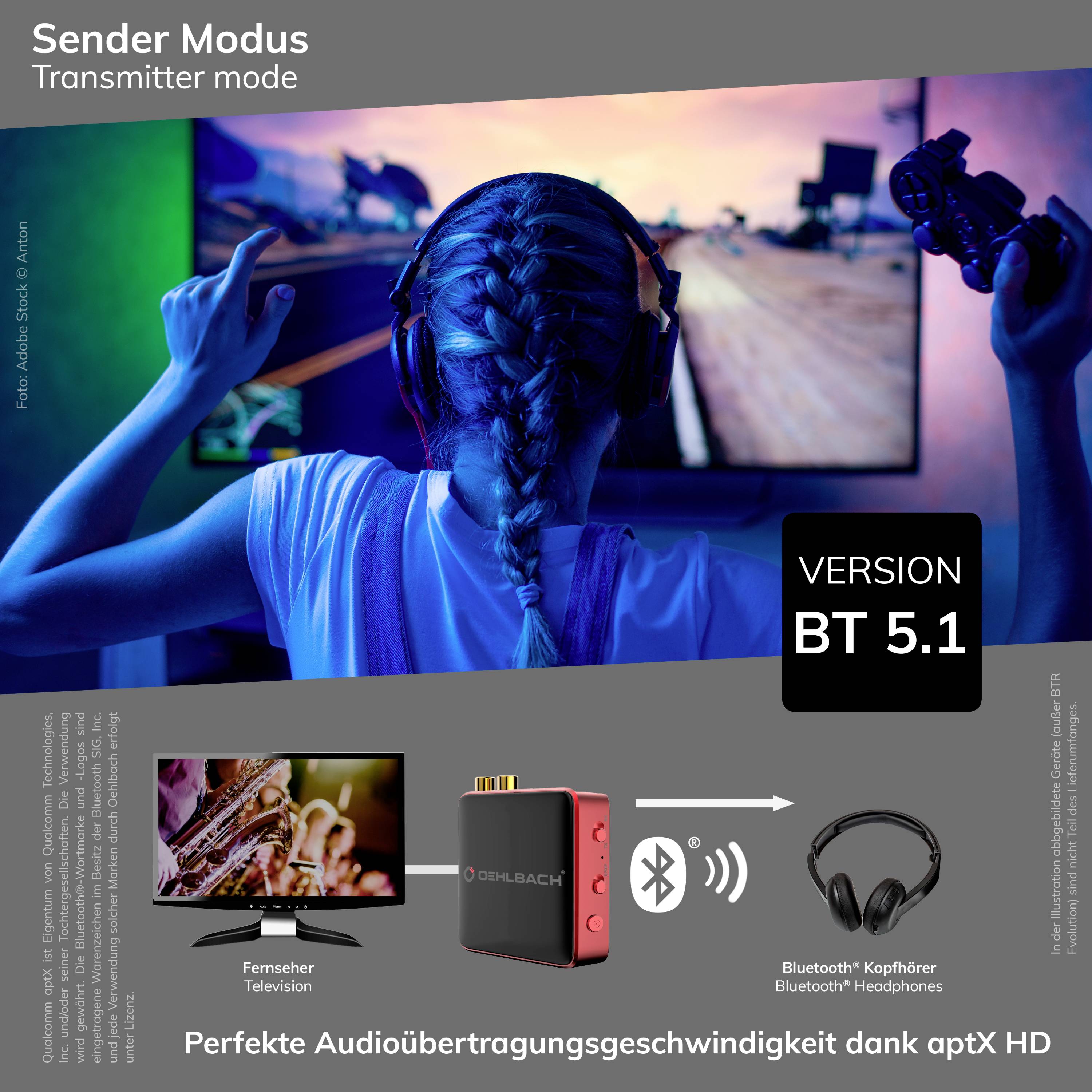 Oehlbach BTR Evolution 5.1 Bluetooth® Musik-Sender/Empfänger Bluetooth Version: 5.1 10m aptX®-Technologie