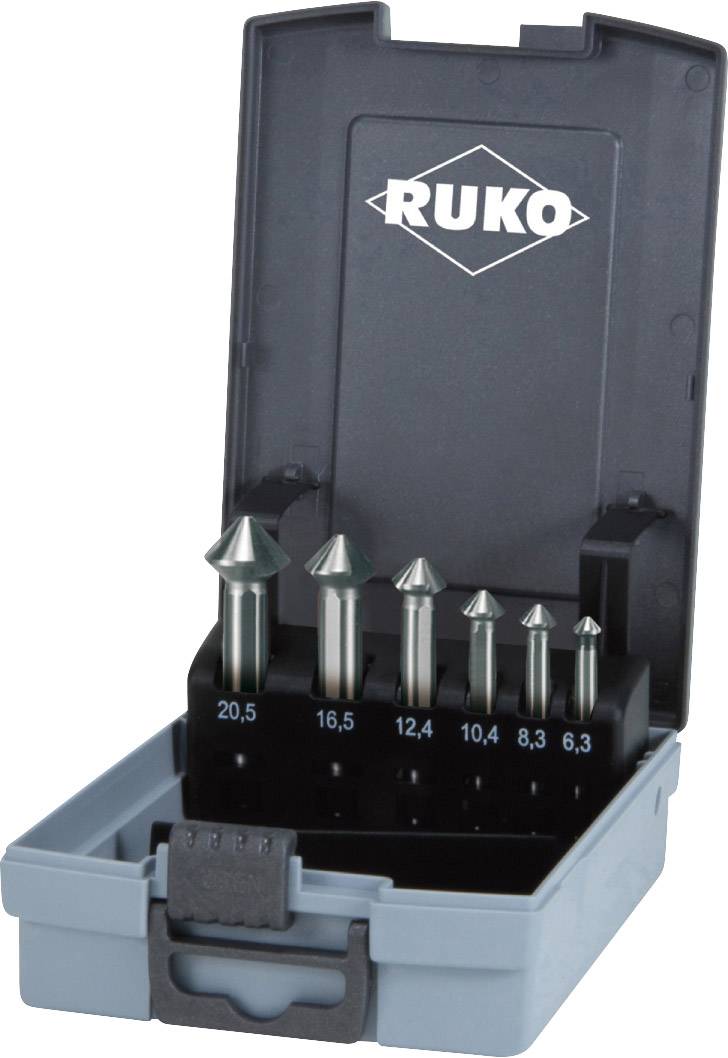 Sechsteiliges Stufenbohrer-Set in einem offenen Kunststoffkoffer. Die Bohrer sind der Größe nach geordnet, von 6,3 mm bis 20,5 mm.