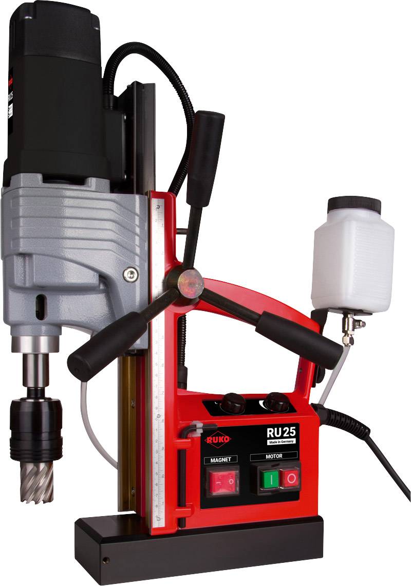 Magnetbohrmaschine mit rotem Gehäuse, schwarzem Elektromotor, Metallbohrer und Kühlmittelbehälter; Modell RU25 von Euroboor.