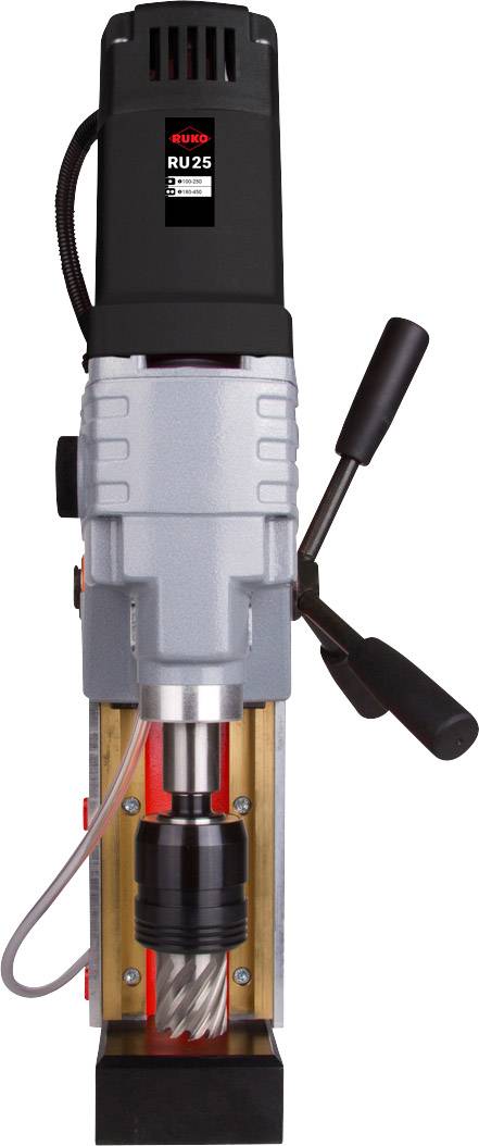 Magnetbohrmaschine mit zweihandlichem Griff, silbernem Gehäuse und schwarzem Kopf.