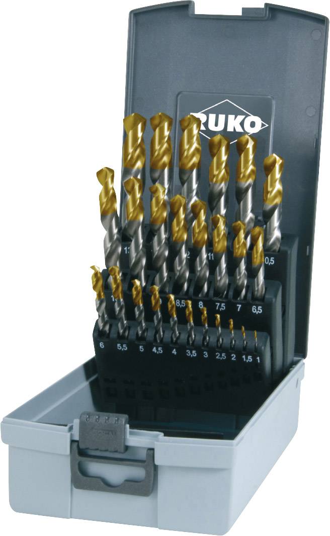 Ein geöffneter Bohrer-Set-Kasten mit verschiedenen Größen von Metallbohrern. Die Bohrer stehen aufrecht sortiert in Halterungen.